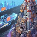 Links ein digitaler Pfeil mit Zahlungssymbolen und Rakete als Symbol für schnelle digitale Prozesse, rechts ein wackeliger Turm aus Aktenschränken und Papierstapeln als Symbol für bürokratischen Verwaltungsaufwand.