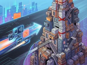 Links ein digitaler Pfeil mit Zahlungssymbolen und Rakete als Symbol für schnelle digitale Prozesse, rechts ein wackeliger Turm aus Aktenschränken und Papierstapeln als Symbol für bürokratischen Verwaltungsaufwand.