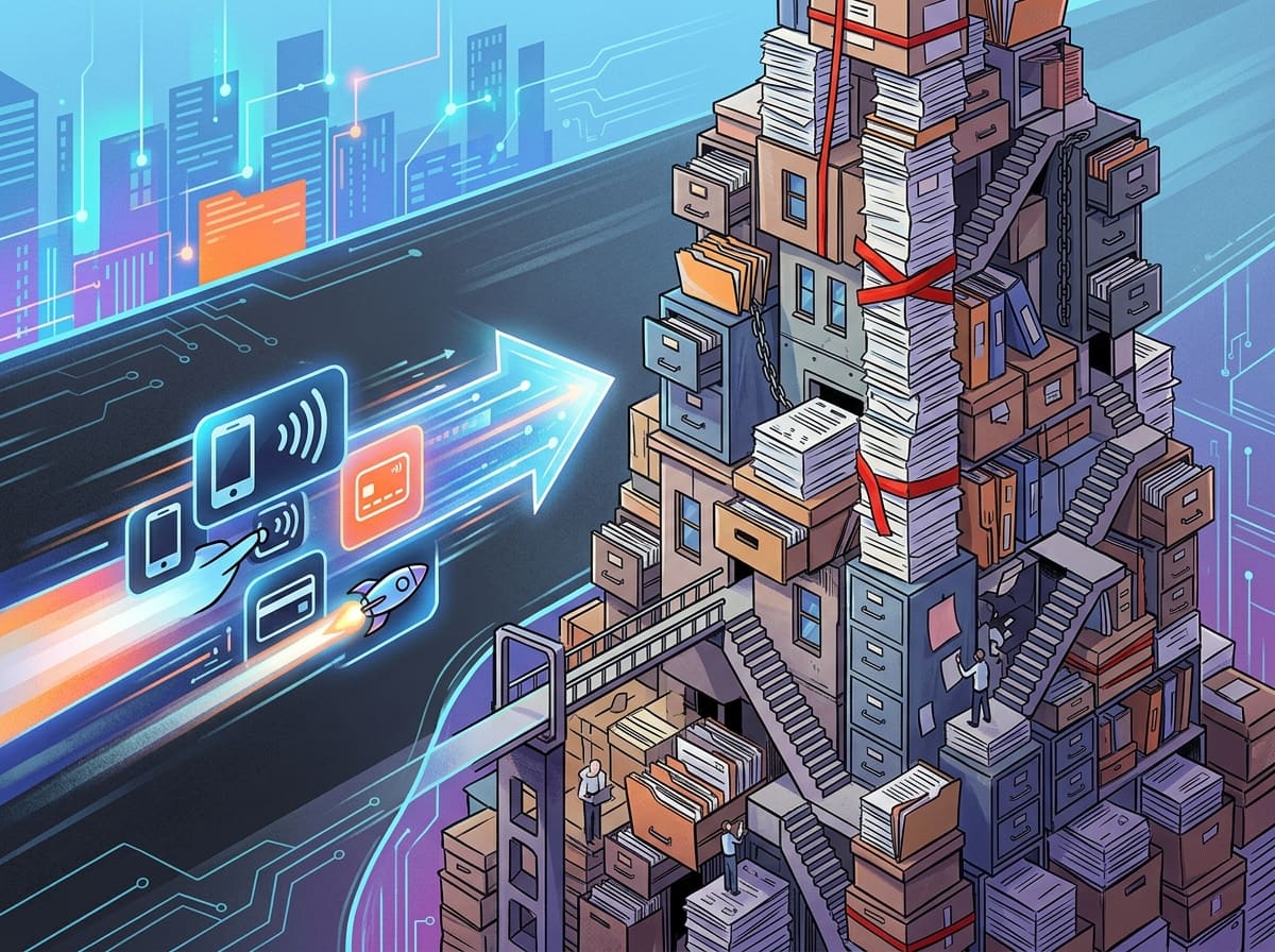 Links ein digitaler Pfeil mit Zahlungssymbolen und Rakete als Symbol für schnelle digitale Prozesse, rechts ein wackeliger Turm aus Aktenschränken und Papierstapeln als Symbol für bürokratischen Verwaltungsaufwand.