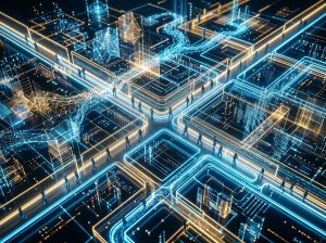 Leuchtende Datenstraßen auf denen Menschen laufen.