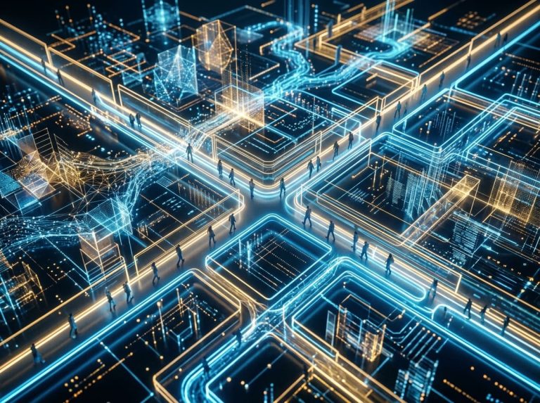 Leuchtende Datenstraßen auf denen Menschen laufen.